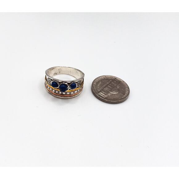 Silver Tone Swirl Design Ring with Blue Stones Size 8.25 Statement Band - Picture 3 of 3